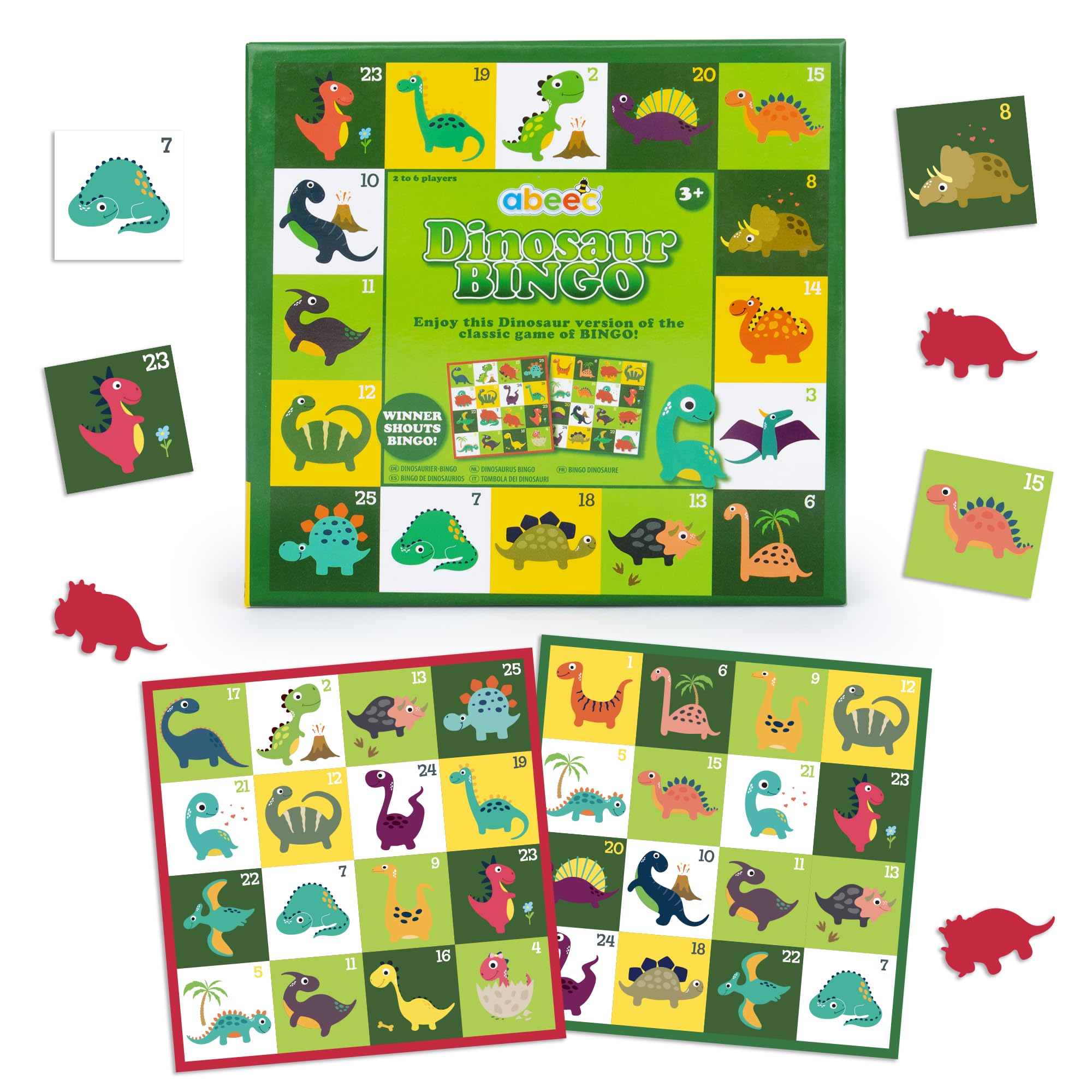 abeec Dinosaur Bingo Game – Family Board Game for Kids Age 5+ – Includes Bingo Cards, Call Out Cards, Counters & Storage Bag – Fun Dinosaur Party Game & Travel Bingo