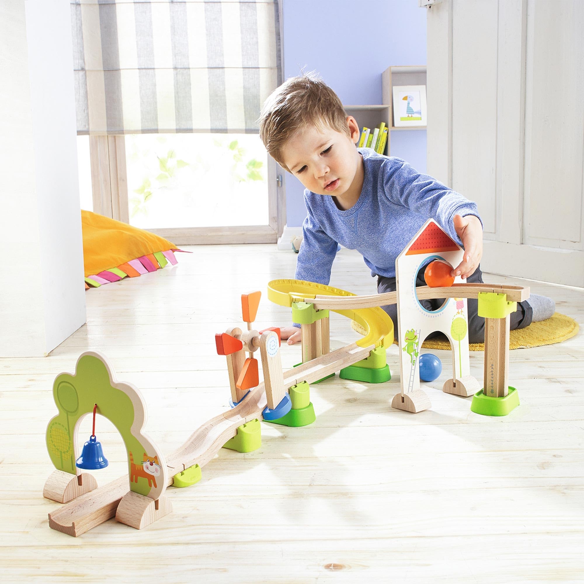 HABA Kullerbu Windmill Playset - 25 Piece Train Track for Balls Starter Set with Special Effects