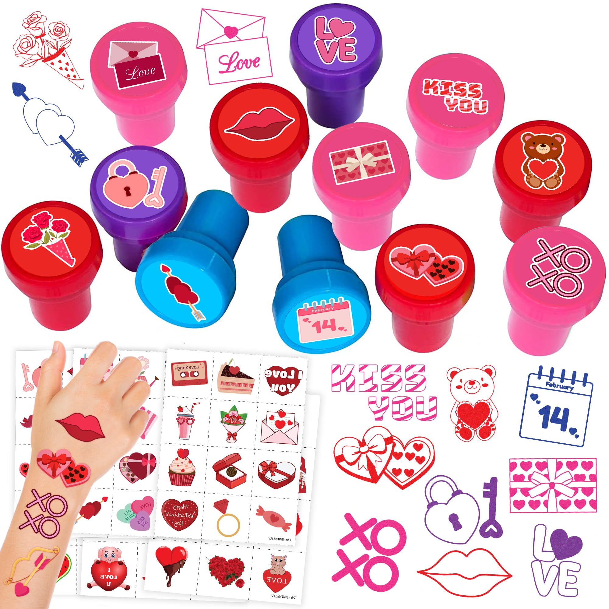 Photo 1 of 96PCS Valentine Party Favors - 72PCS Pre-Cut Temporary Tattoos & 24PCS Stamps - Ideal Love Heart Themed Birthday Card Decorations Supplies Goodie Bag Baby Shower Kids Gifts Exchange