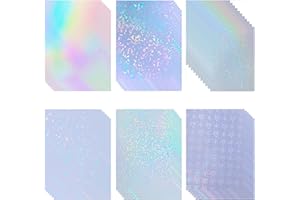 BLEIDRUCK 36 Sheets Holographic Sticker Paper Clear Vinyl Sheets Self-Adhesive Overlay Film Laminate Sticker Paper Rainbow/Dots/Star/Broked Glass/Sand Star/Heart, 8.5x11 Inch