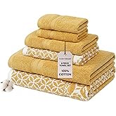 Modern Threads Trefoil Filigree 6-Piece 100% Cotton Towel Set – Reversible Yarn Dyed Jacquard – Includes 2 Bath Towels, 2 Hand Towels, 2 Washcloths – Absorbent, Quick Dry, Soft & Durable – Gold