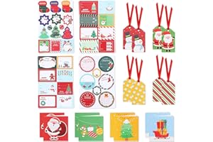Sawnfay Christmas Gift Tags Stickers 256pcs – 8 Gift Tags with Ribbon & 8 Mini Greeting Cards – Festive Christmas Tags for Gifts, Presents, and Labels Holiday Designs