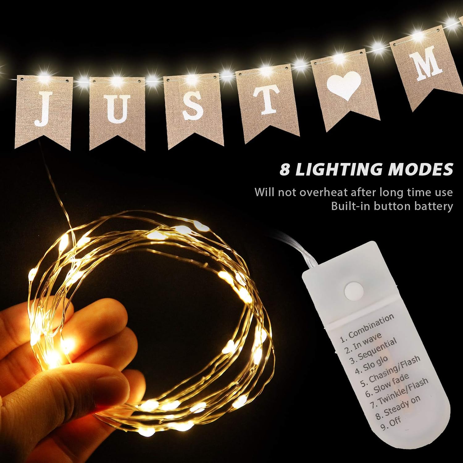 Just Married Burlap Banner, Wedding Bunting Banner with LED Fairy String Light 8 Flicker Mode - Image 4