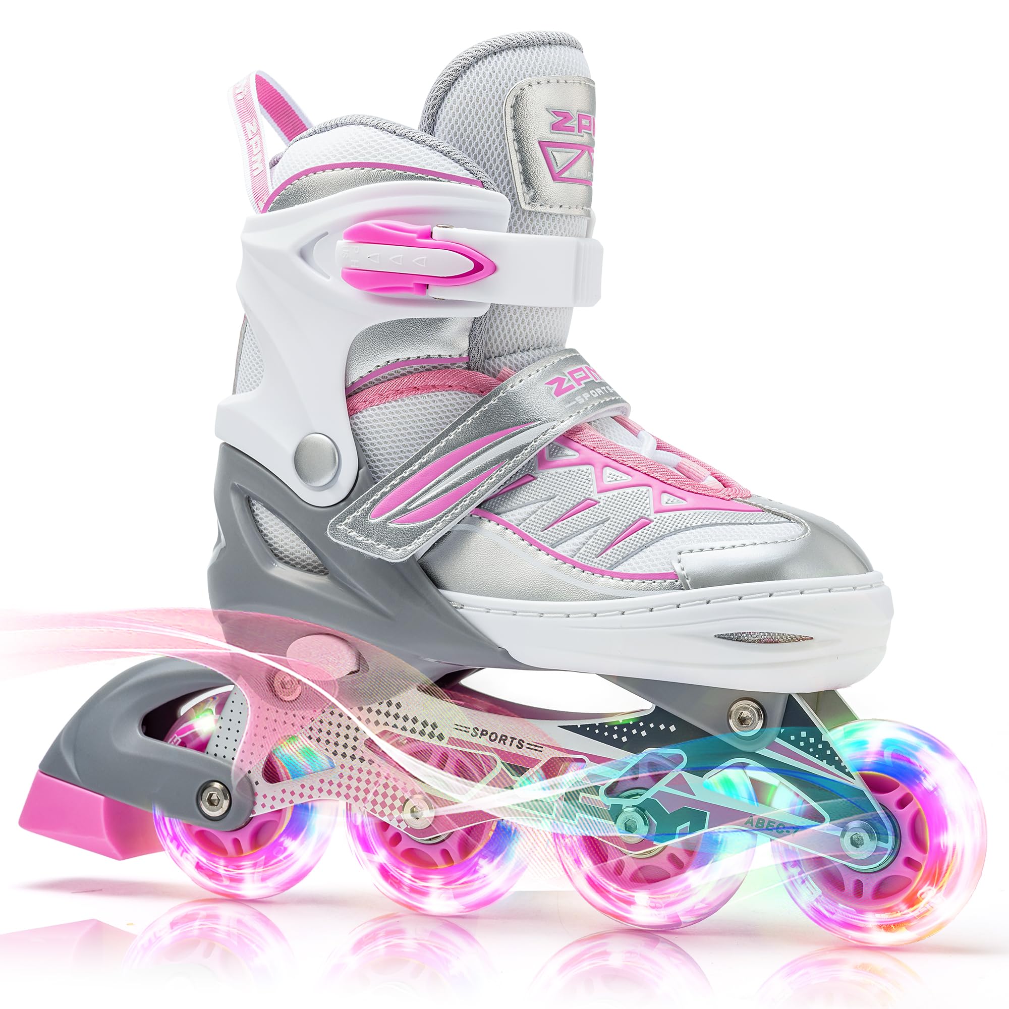 Photo 1 of 2PM SPORTS Cytia Pink Girls Adjustable Illuminating Inline Skates with Light up Wheels, Fun Flashing Beginner Roller Skates for Kids (Silver, Large - Youth (3-6 US))