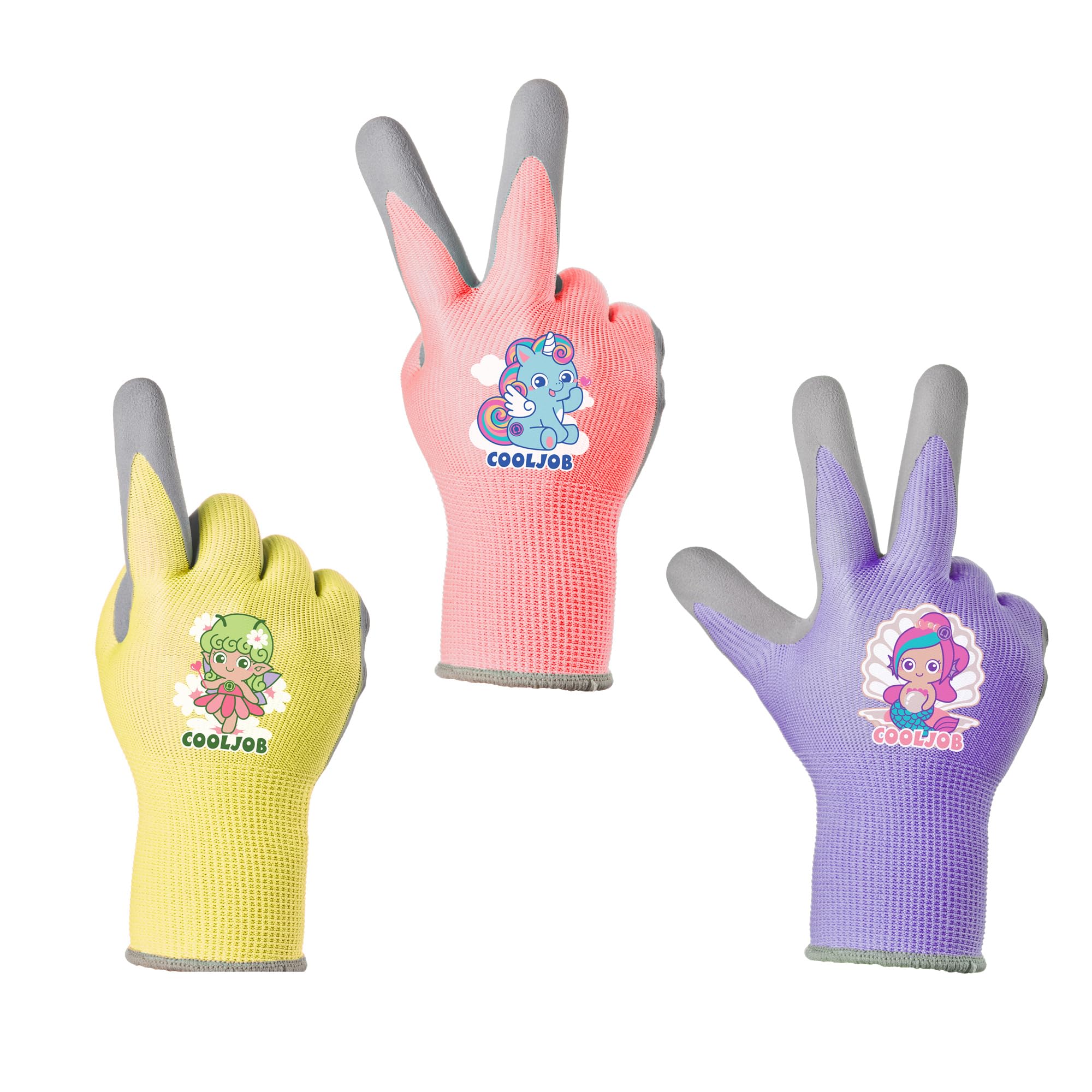 COOLJOB Childrens Garden Gloves for Boys Girls, 3 Pairs Toddler Work Gloves for Gardening Playing, Non-slip Latex Coating, 6-8 Years Old Kid, M