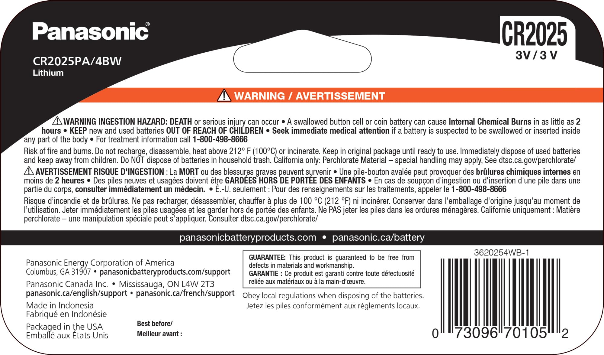 Panasonic CR2025 3.0 Volt Long Lasting Lithium Coin Cell Batteries in Child Resistant, Standards Based Packaging, 4 Pack