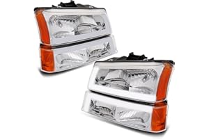 KUIPERAUTO DRL Headlight Assembly Compatible with 2003-2006 Chevy Avalanche/2003-2007 Chevrolet Silverado 1500 2500 3500 Headlamp Chrome Housing/Clear Lens/Amber Corner