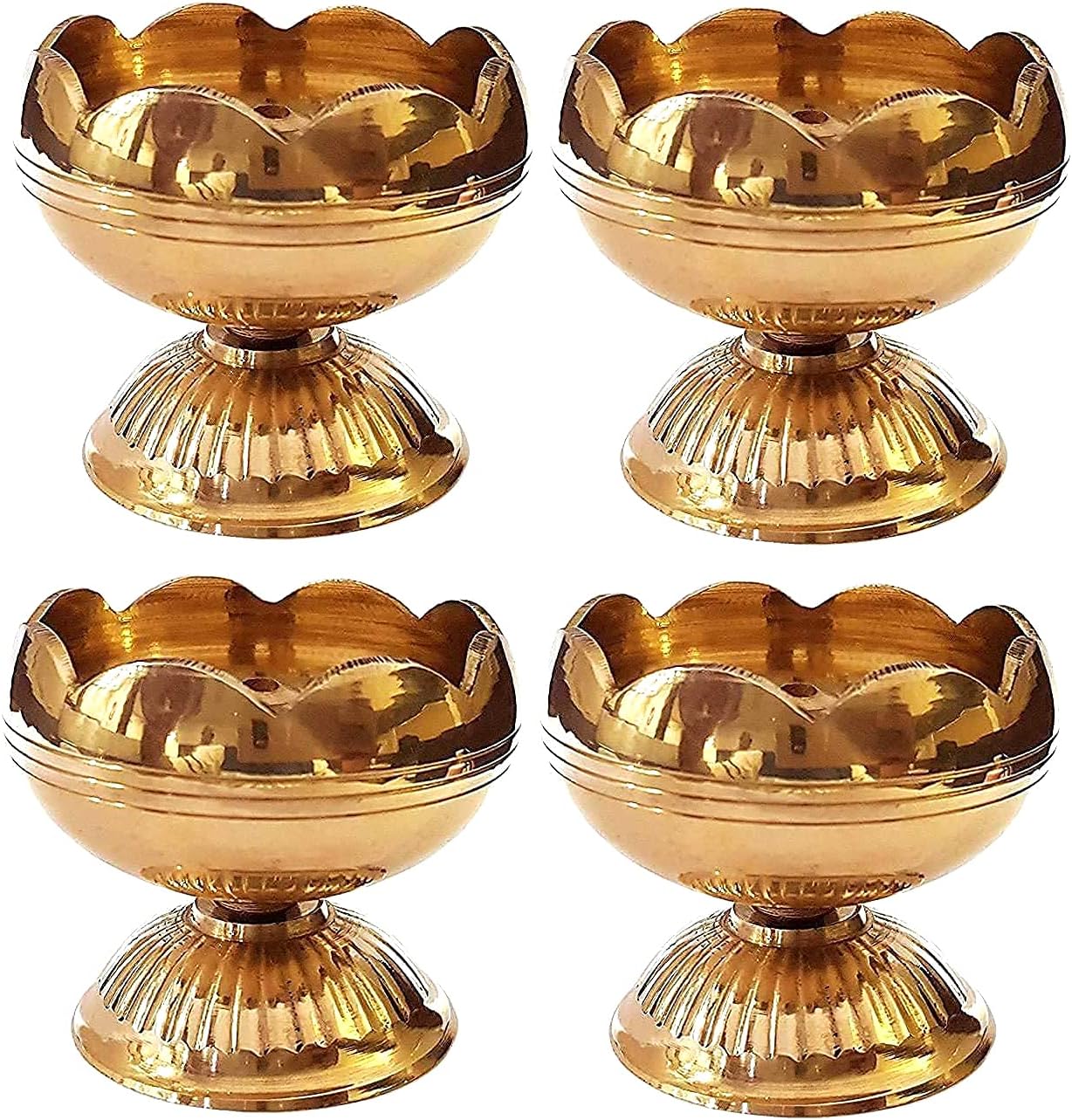 Oil Lamps & Accessories - SATVIK 4 Pc Brass Diya (Big) for Diwali Decoration. Handmade Oil Lamp with Golden Engraved Made of Virgin Brass Metal. Diwali Diya Vilakku for Puja Pooja. Traditional Indian Deepawali Gift Items