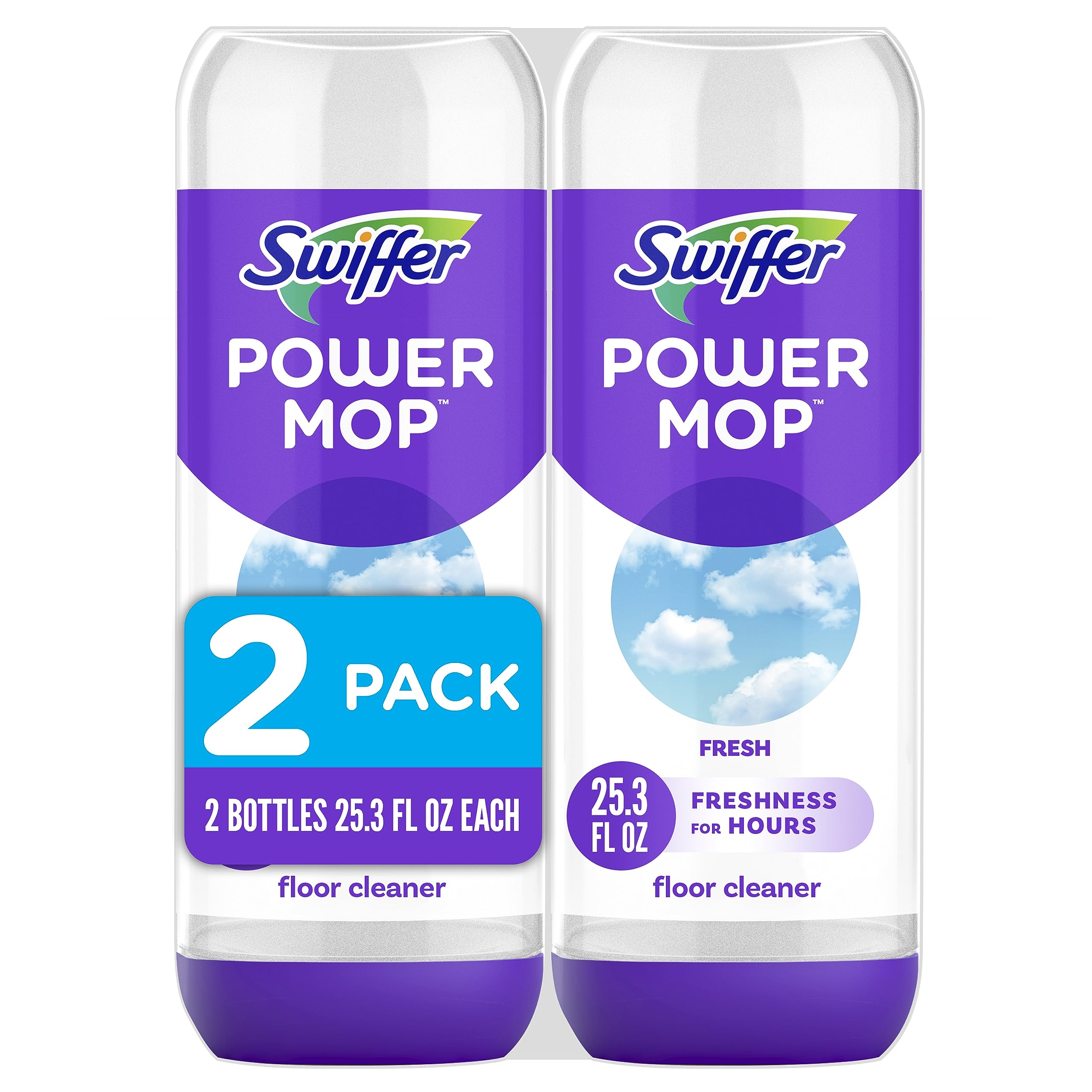 Swiffer PowerMop Liquid Floor Cleaner Refills, Solution for Power Mop, Fresh Scent, 2 Count Mopping Fluid Replacement Bottle, Spray Mops Cleaning Juice, No Bucket Needed, Multi-Surface and Wood