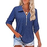 Bulotus Womens 3/4 Sleeve Tops Dressy Casual Shirts Work Business Zipper Blouses Collared Long Tunic 2026 Spring Summer