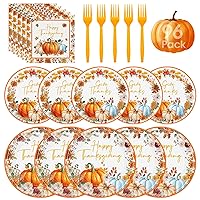 96 Pcs Happy Thanksgiving Plates and Napkins - Disposable Thanksgiving Paper Plates and Napkins Forks, Watercolor Fall Leaf Pumpkin Tableware Set for Thanks Giving Party Decorations Supplies,Serve 24