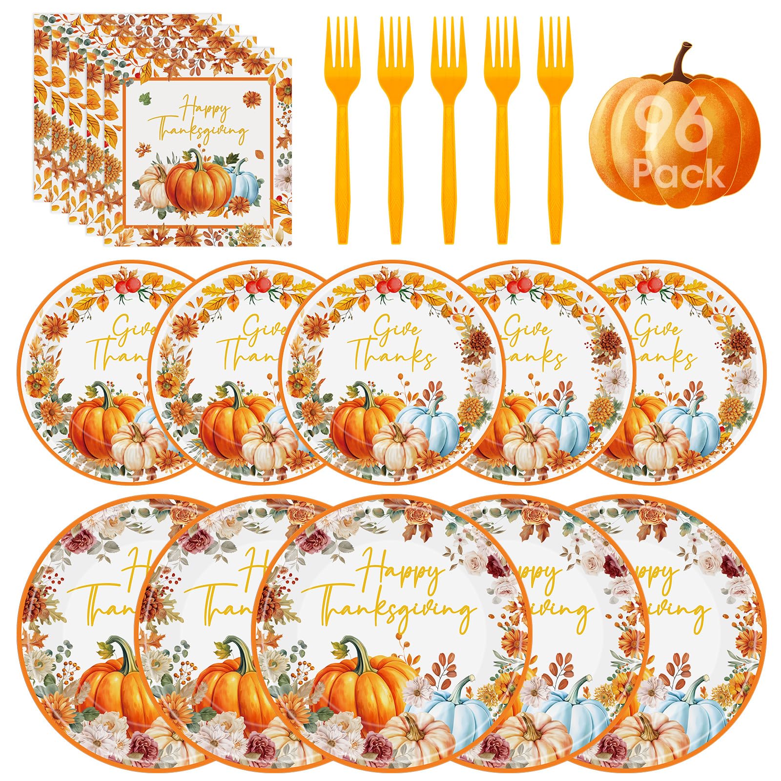 96 Pcs Happy Thanksgiving Plates and Napkins - Disposable Thanksgiving Paper Plates and Napkins Forks, Watercolor Fall Leaf Pumpkin Tableware Set for Thanks Giving Party Decorations Supplies,Serve 24
