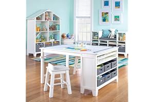 Martha Stewart Kids' Art Table and Chair Set - Linen White: Wooden Play Table for Arts and Crafts| Coloring Desk with Paint Cups, Paper Roll and Craft Supplies Storage Bins
