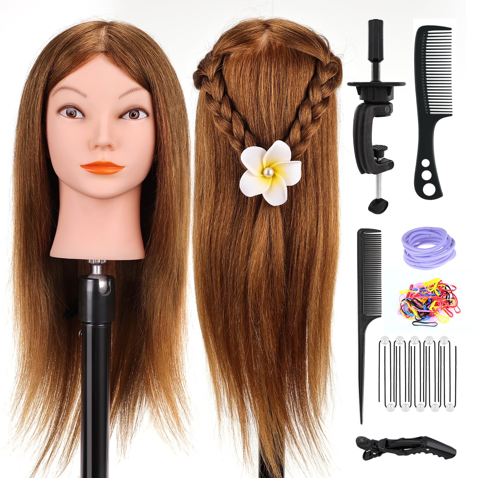 Training Head, Yofuly 18 Inch Hairdressing Head 100% Real Human Hair, Cosmetology Mannequin Head with Table Clamp & DIY Hair Braid Set (Brown)