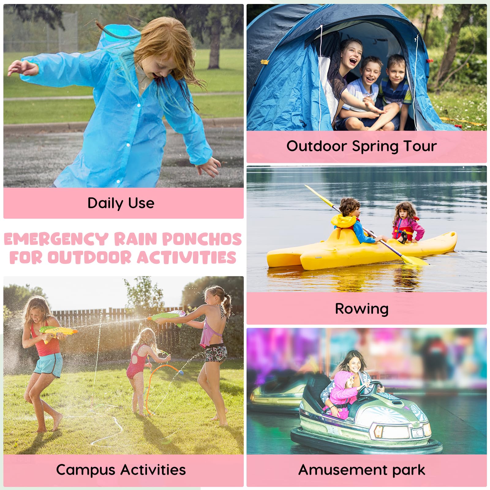 BFONS 2-3 Pack Rain Ponchos for Kids Reusable, EVA Raincoats for Boys Girls with Hood and Sleeves, Waterproof Rain Coat