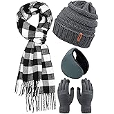 Aneco Winter Warm Knitted Sets Buffalo Plaid Scarf Beanie Hat Touch Screen Gloves and Winter Ear Warmer Set for Men or Women