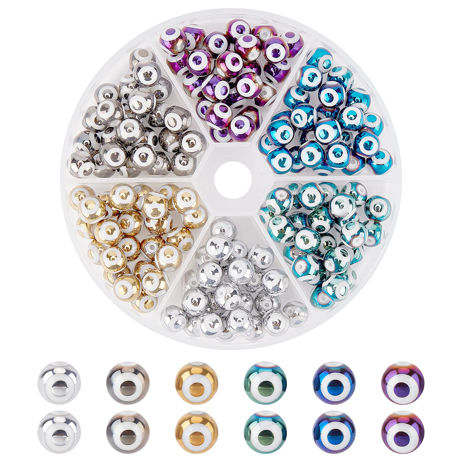 NBEADS 144 Pcs Evil Eye Beads, 6 Colors 8x7.5mm Round Glass Spacer Blue Eyes Beads Electroplate Pattern Beads for DIY Bracelets Necklace Jewelry Making, 1.2mm Hole