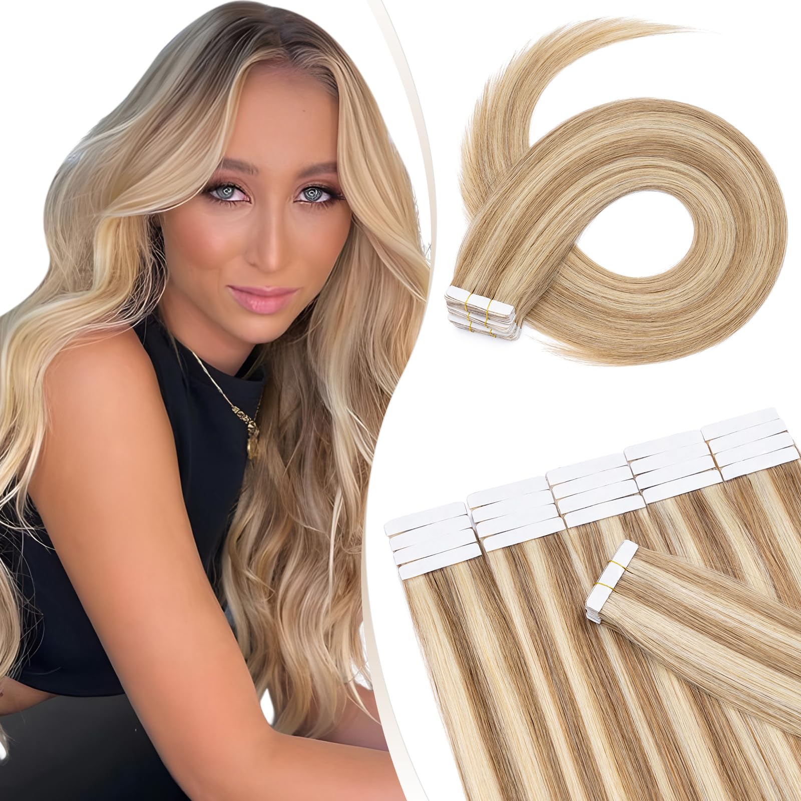 Elailite Tape in Hair Extensions Real Human Hair 20 Pcs 30g Invisible Thin Type - Skin Weft Invisible Remy Hair Extension (#12/613 Golden Brown Mix Bleach Blonde, 16 Inch) — image 1