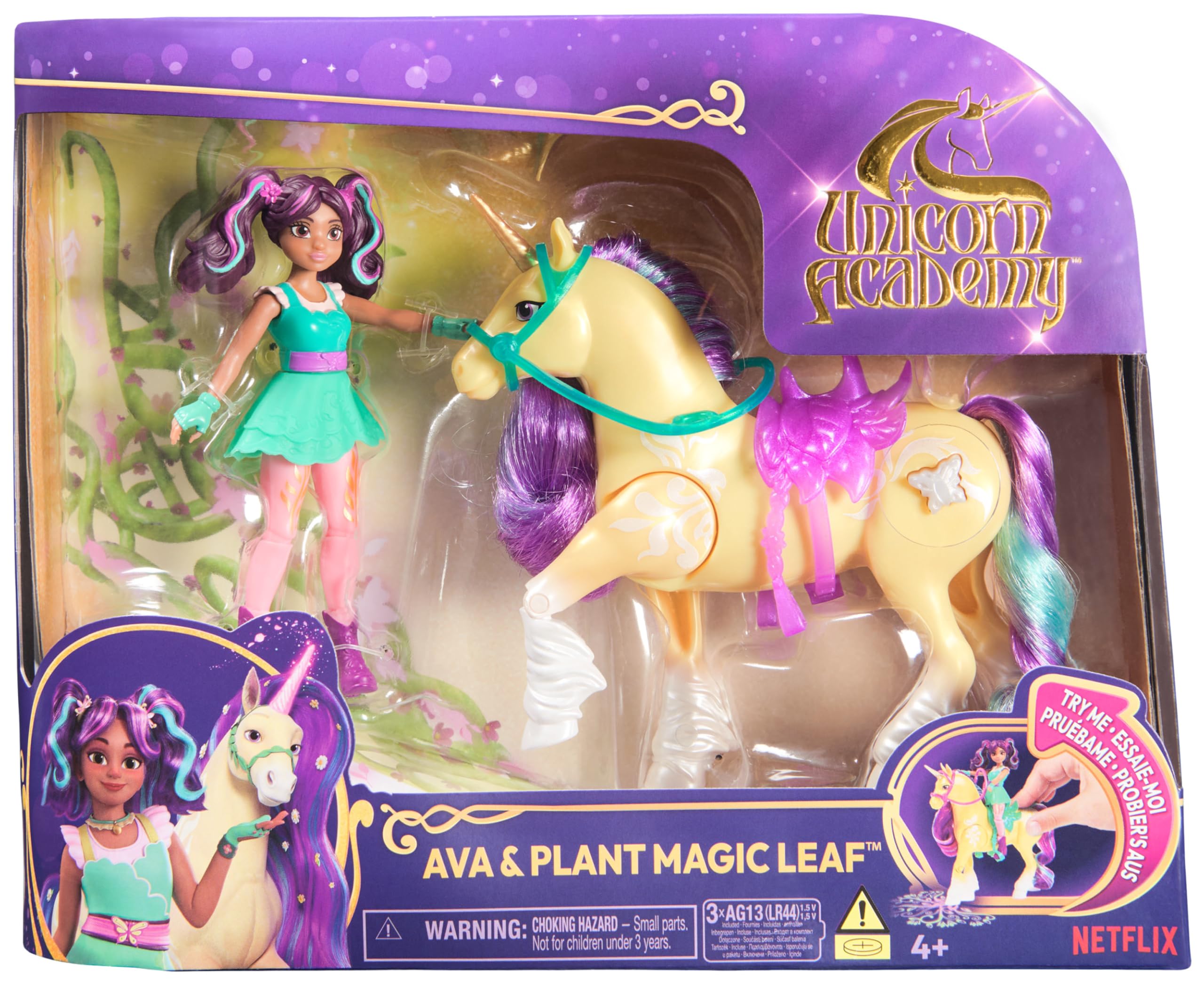 Unicorn Academy, Ava & Plant Magic Leaf with Light-up Effect, 2 Riding Accessories, Dolls and Unicorn Toys for Girls Aged 4 and up
