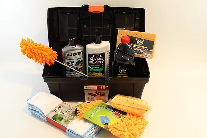 Gluecksshop Autopflegeset -Transportbox 40x19x20 cm, 14 Teile - mit z.B. Rocketwachs u. Nanokonzentrat