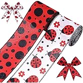 2 Rolls 10 Yards Ladybug Wired Edge Ribbon 2.5 Inch Red Ladybird Black Polka Dot Fabric Ribbon for Gift Wrapping DIY Crafts Wreath Bow Making Spring Summer Party Decoration