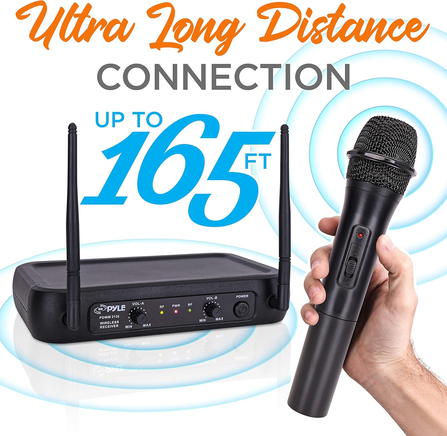 Pyle Channel Microphone System-VHF Fixed Dual Frequency Wireless Set with 2 Handheld Dynamic Transmitter Mics, Receiver Base-for PA, Karaoke, Dj Party (PDWM2135): Musical Instruments