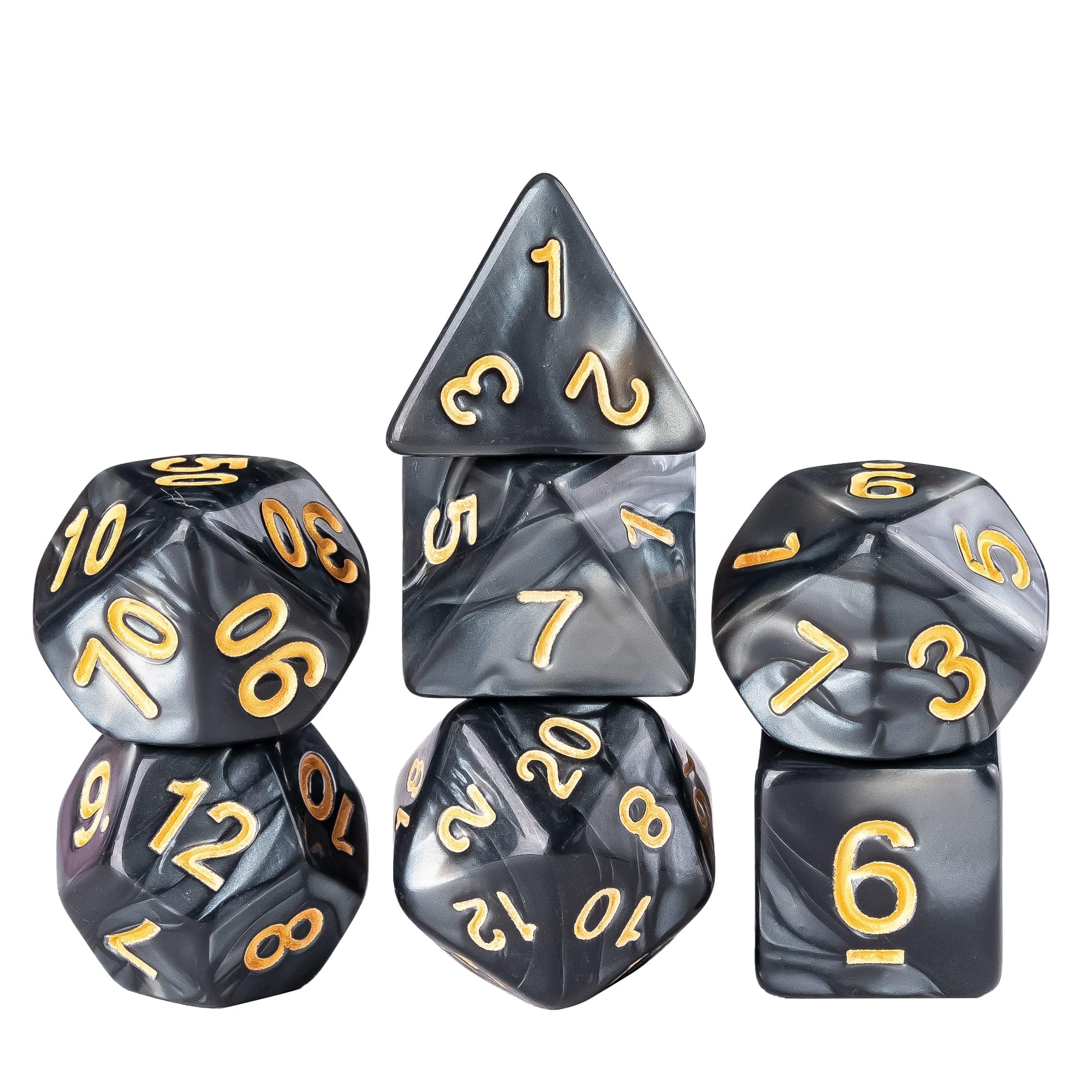 Cusdie 7Pcs/Set DND Dice Set D&D Polyhedral Dice for Dungeons and Dragons TTRPG Role Playing Dice Games RPGs (Black Pearl Grain) — image 1