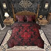 Erosebridal Gothic Damask 7 Piece Comforter Set Full Bed in a Bag,Exotic Moth Bedding Sets Red Black Victorian Floral Goth Sheet Set with Comforter
