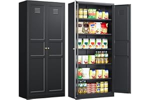 SISESOL Metal Storage Cabinet with Doors and Shelves,Metal Pantry Cabinet,Black Craft Storage Cabinet,Ventilated Pantry Storage Cabinet,Large Tall Closet Cupboard for Home,Kitchen,Dining/Living/Laundry Room