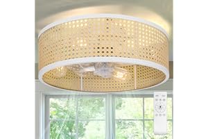 Frstem Boho Style Rattan Fandelier, 20" Flush Mount Ceiling Fan with Light & Remote Control, Drum Shade, Bladeless/Quiet Motor/Low Profile, for Kitchen Bedroom Living Room (White & Rattan)