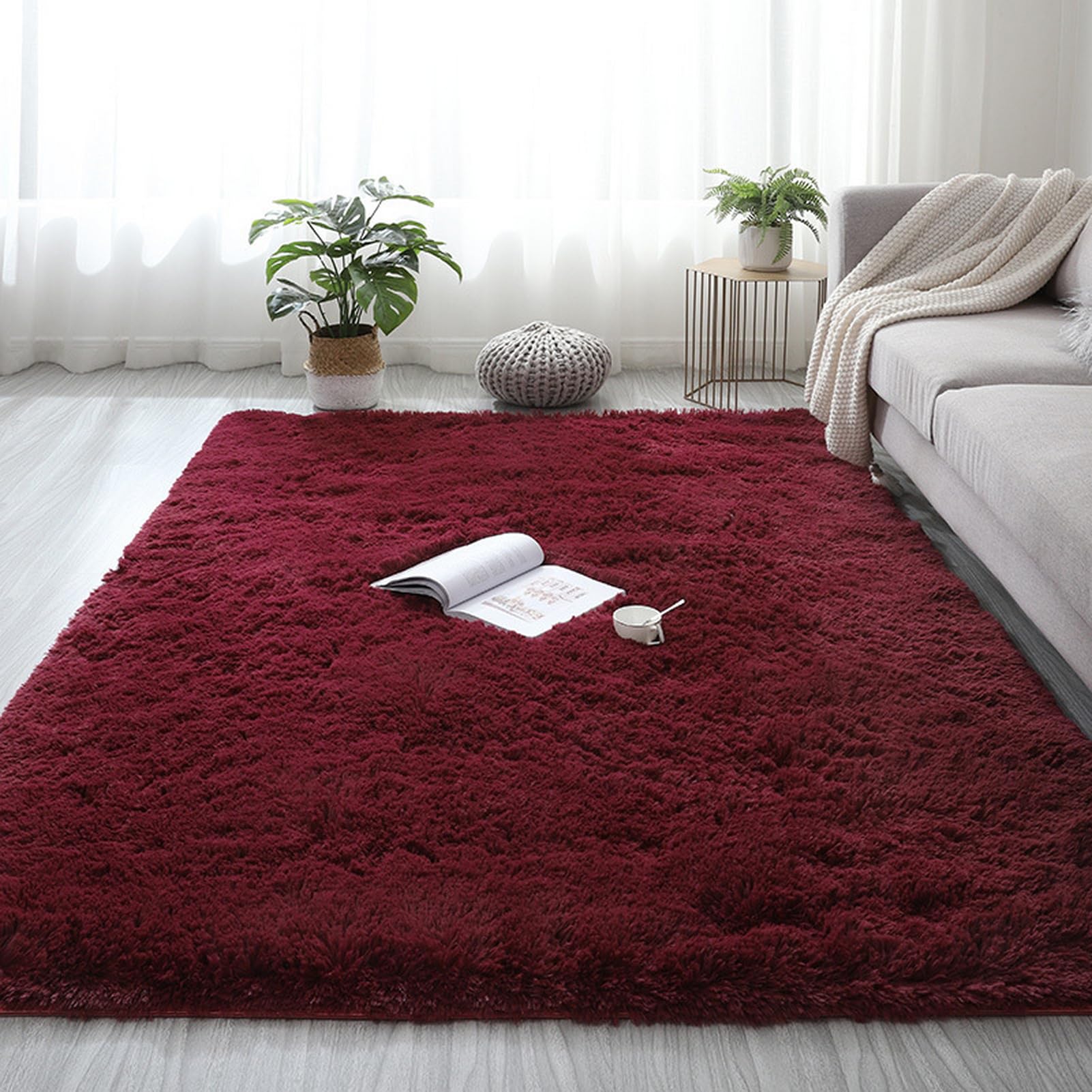 Lifup Area Rug for Living Room, Indoor Shag Fuzzy Carpets, Fluffy Faux Fur Rugs, Non-Slip High Pile Shaggy Carpets, Ultra Soft Plush Rugs for Bedroom Home Decor Burgundy 4.6x6.6 Feet