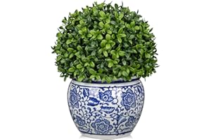 DILATATA Artificial Topiary Boxwood Ball in Blue and White Ceramic Pot, 10 Inch Artificial Boxwood in Planters Decorative Fake Greenery for Table Centerpiece Indoor Plant Home Decor - Medium
