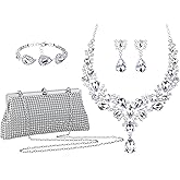 Hicarer 3 Piece Bridal Crystal Jewelry Set Clutch Purses Evening Bag Diamond Necklace Earrings Bracelet for Women Wedding