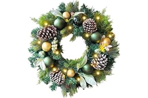 WANNA-CUL Pre-Lit 20 Inch Lighted Christmas Wreath for Front Door Decoration with Green Gold Christmas Ball Ornaments,Battery Operated 30 LED Lights