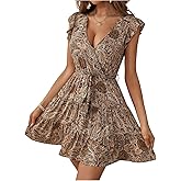 Floerns Women's Boho Paisley V Neck Belted Dress Ruffle Cap Sleeve Flowy Mini Dresses