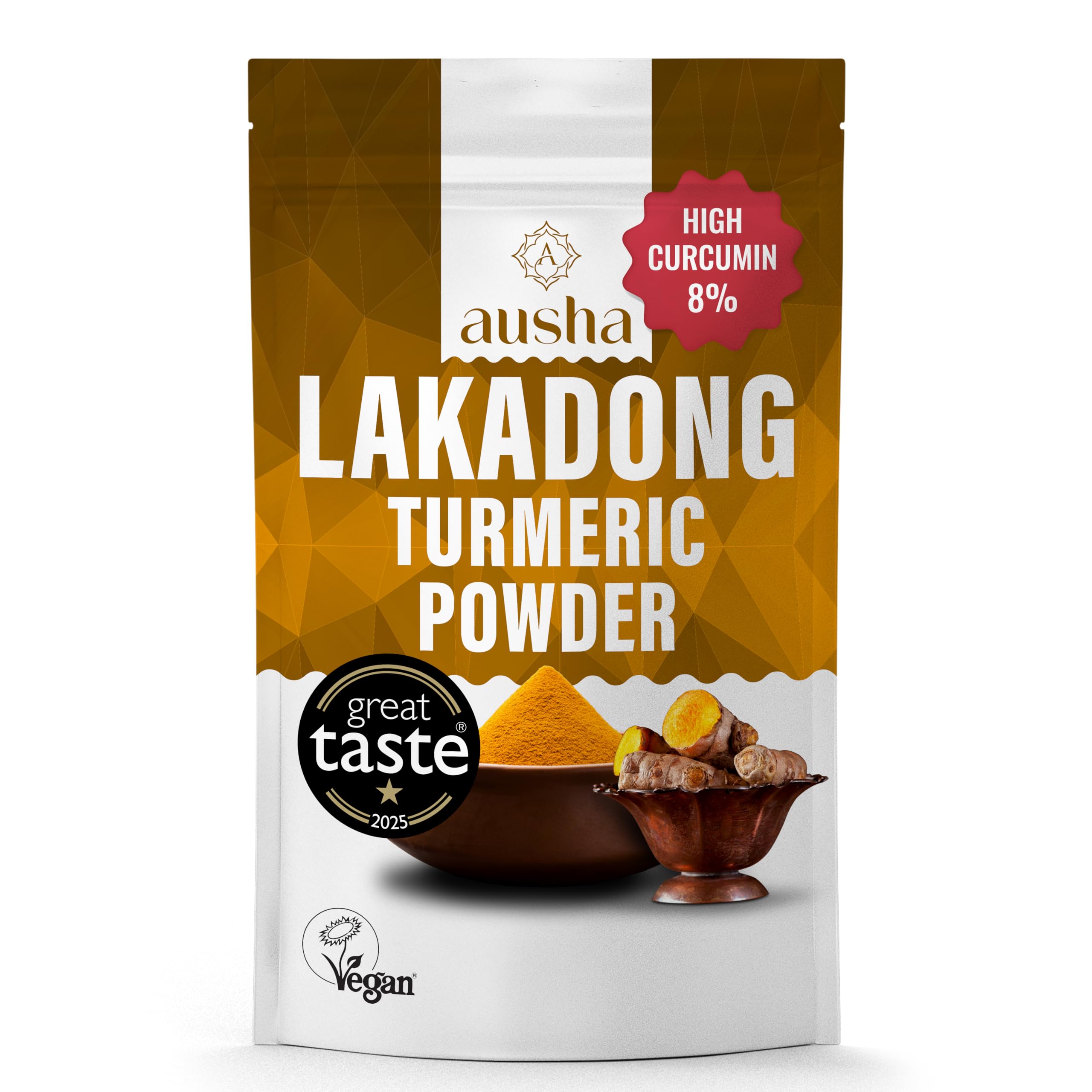 Ausha Lakadong Turmeric Root Powder 500g - 8-9% Curcumin Double Strength - 1* GREAT TASTE AWARD 2025 - Use in Cooking, Turmeric Shot, Latte Powder, Tea, Smoothies