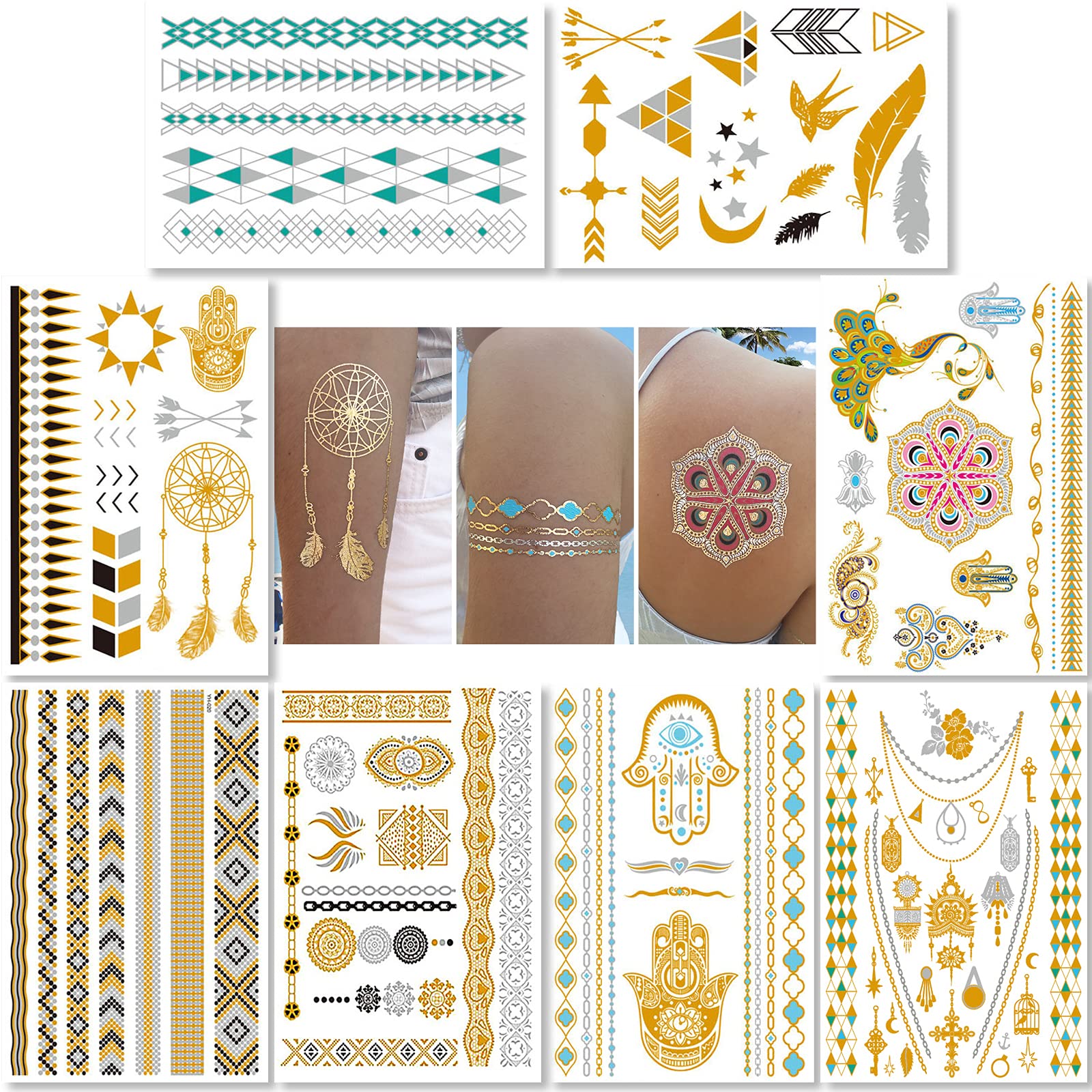 Metallic Temporary Transfer Tattoos for Women Teens Girls - 8 Sheets Gold Silver Temporary Tattoo Shimmer Glitter Designs Jewellery Tattoos - 100+ Colour Flash Fake Waterproof Tattoo Stickers (Caicos)