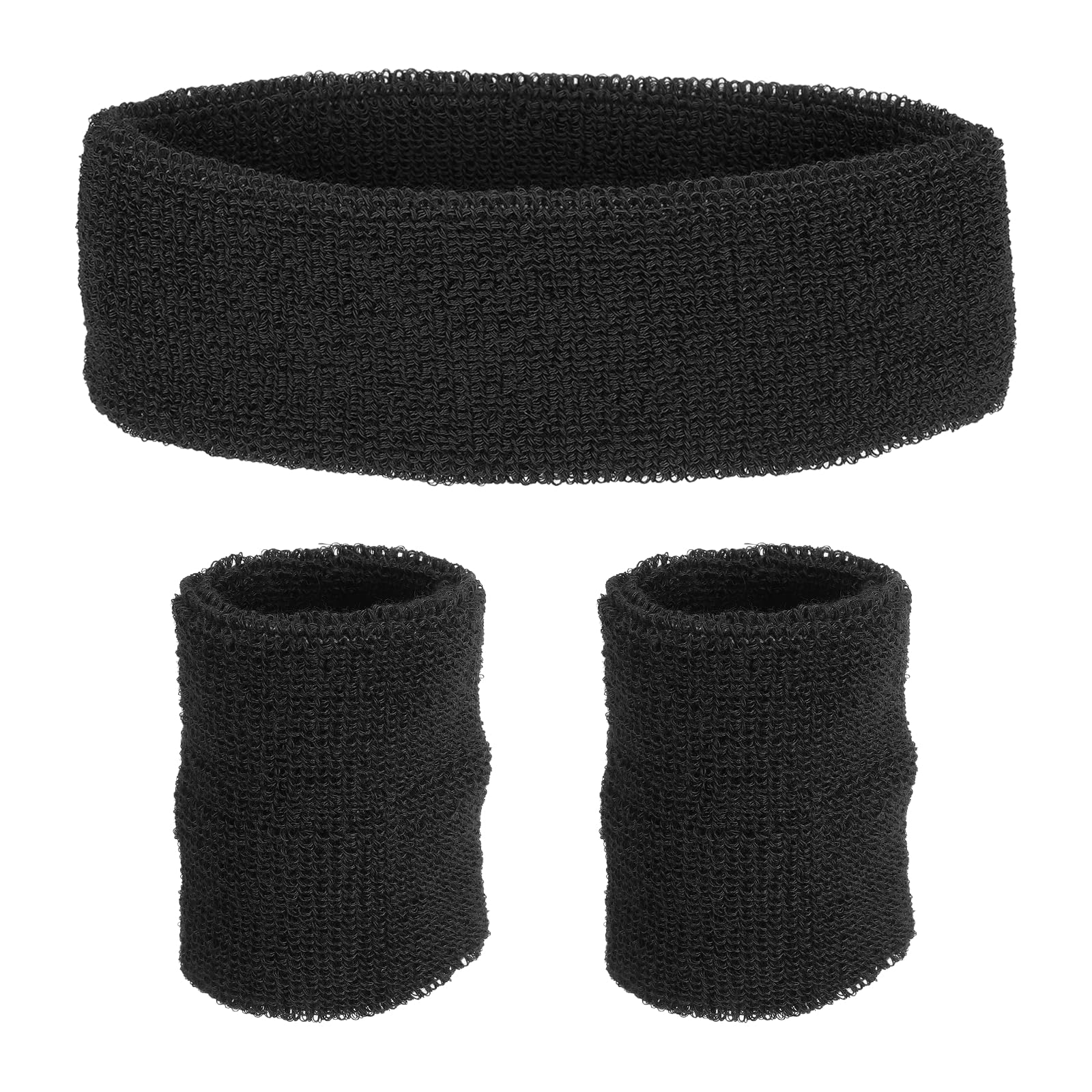 PATIKIL Sports Wristbands Headband Set, 8x8cm Cotton Terry Cloth Athletic Absorbent Sweatband 20x5cm Headband for Tennis Basketball Running, Black (1 Headband & 2 Wristbands)