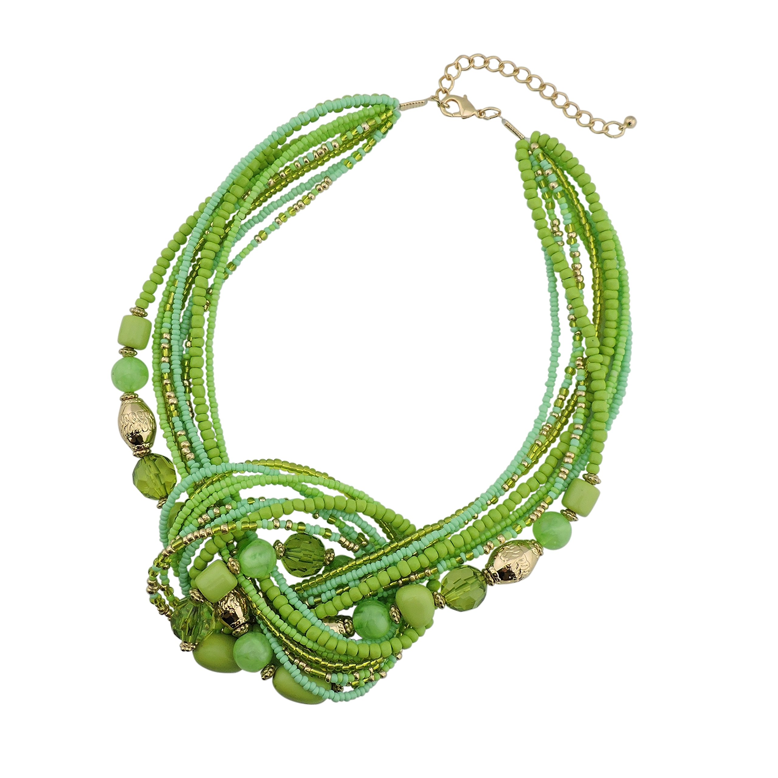 BOCAR Aquamarine Seed Beads Antique Gold Multilayer Statement Collar Necklace (NK-10345-Greenery)