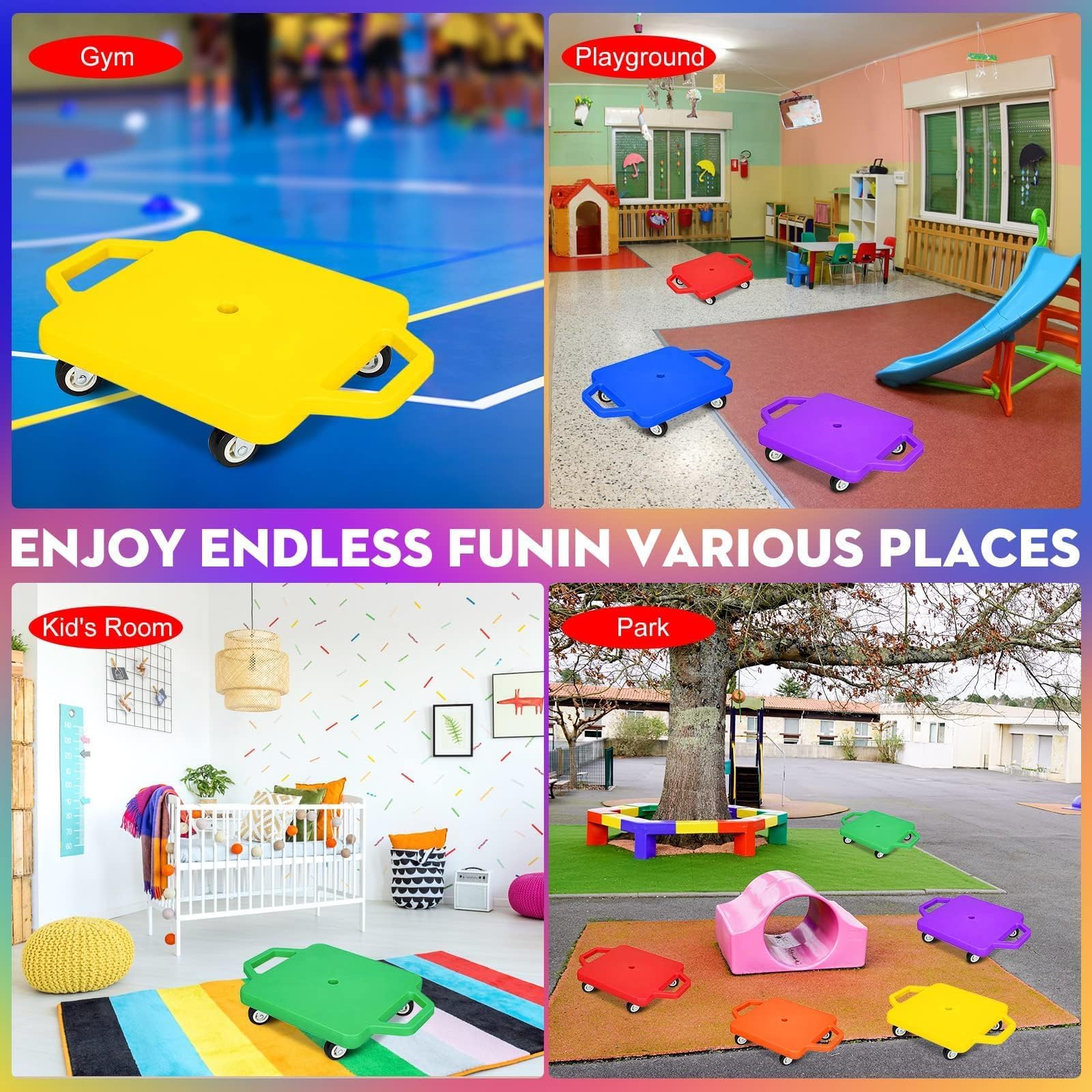 12 Pcs Sports Scooter Board with Handles for Kids Non-Marring Plastic Casters Floor Scooter Board Sitting Scooter Board Boy Girl Gym Indoor Outdoor Activities Play Equipment