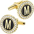 HAWSON A-Z Initial Cufflinks for Men and Women with Clear Crystal, Gold Silver Color Rasied Letter A-Z Cuff Links for French Shirt, Gift for Normal and Business Wearing
