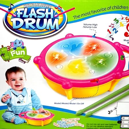 CM SALES MAGNIFICO Plastic Educational Musical Flash Drum with 3D Lights and Sticks (Multicolour)