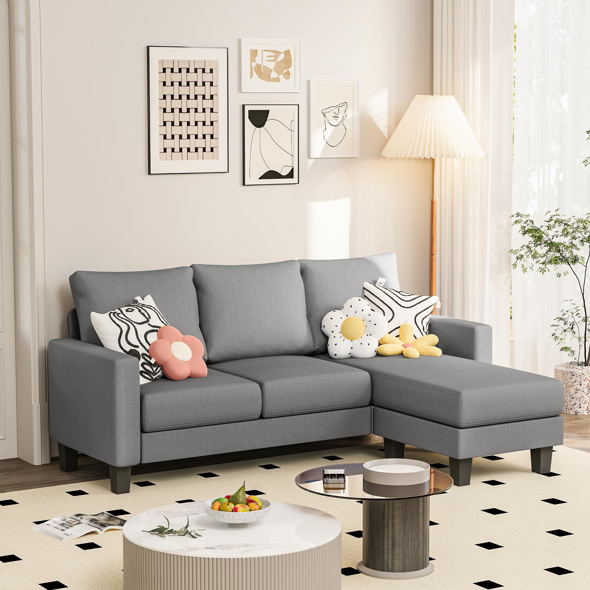 Photo 1 of **INCOMPLETE SET* JUMMICO Couch for Small Living Room, 73" Small Sofa with Reversible Ottoman, 3 Seat L-Shaped Sofas, Comfy Couches for Apartment (Linen Fabric, Light Grey)