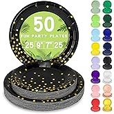 LANLISA 50 Black and Gold Paper Plates Set Includes 25-9" & 25-7" Disposable Birthday Cake Dessert Plates for New Years, Graduation Party Supplies