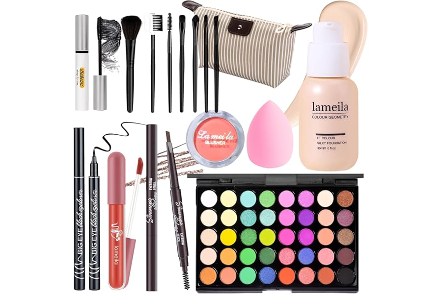 YBUETE Makeup Set Full Kit for Girls Teens Women, Makeup Present Set, Includes Eyeshadow, Foundation, Blusher, Eyebrow Pencil, Mascara, Eyeliner, Brushes, Lip Gloss, Sponge, Cosmetic Bag
