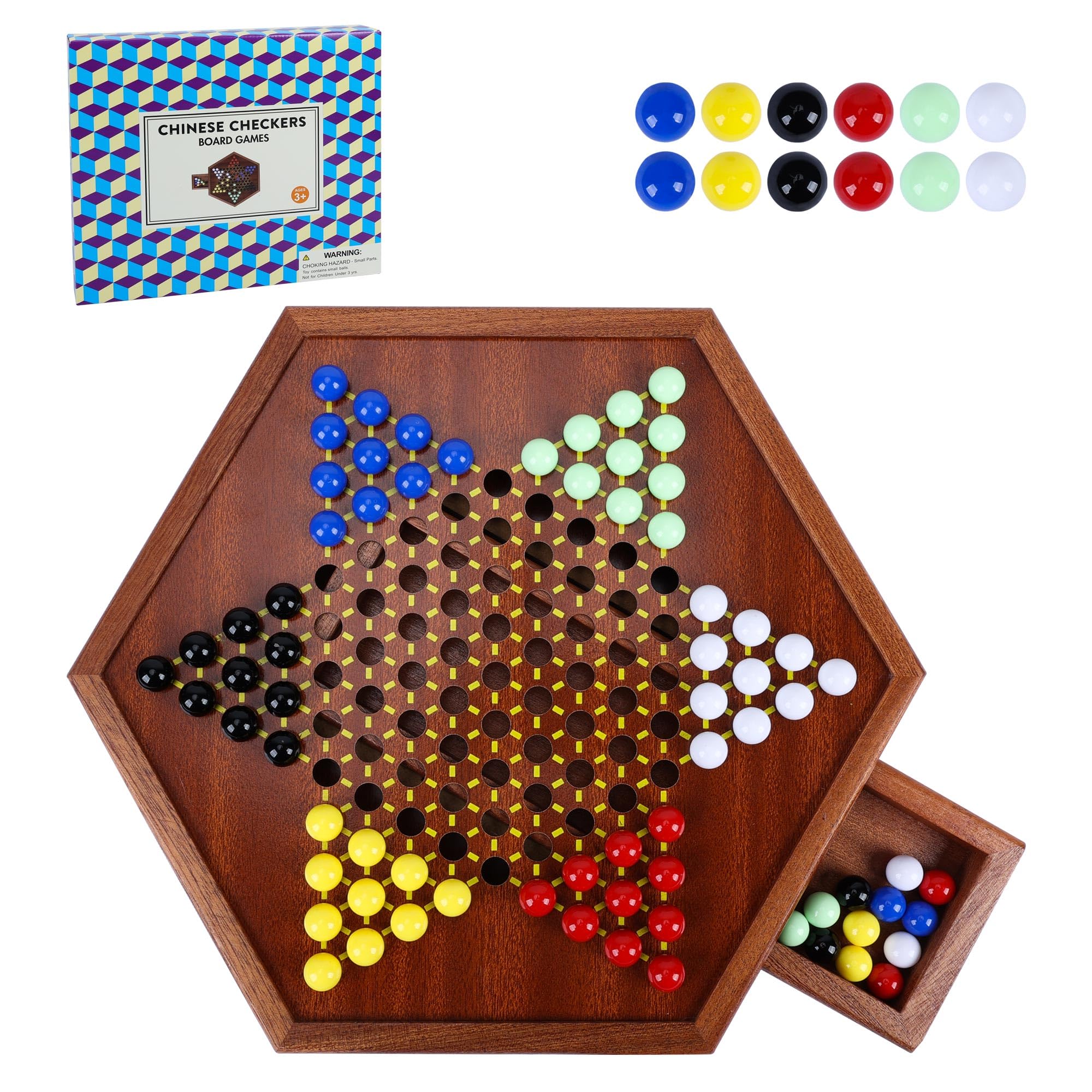 Photo 1 of Offelec Wooden Chinese Checkers Set with Storage Drawer, 13 inches Upgraded Version Game Board, 60+12 Glass Marbles in 6 Colors, Classic Strategy Games for Adults and Kids, Fun for Family Gathering