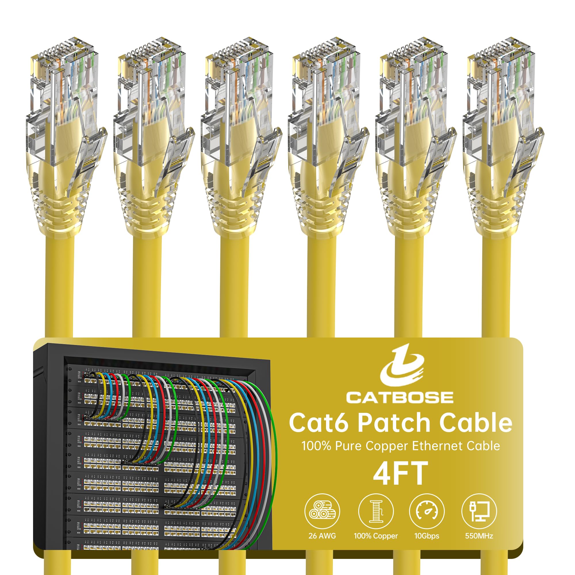 Photo 1 of 4 Feet Cat6 Patch Cable(6 Pack), Solid Pure Copper Patch Cord, Cat 6 Ethernet Cable, UTP Network, High Speed RJ45 Internet Cable, Compatible for Routers, Switches, PC, Servers, PS4/5, Xbox - Yellow