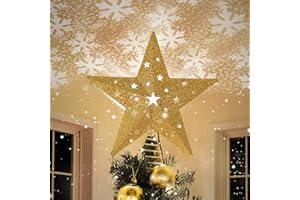 IPOW LED Snowflake Projector Star Christmas Tree Topper, 11.3'' Golden Glittered Star Treetop Lighted Rotating Snow Flake for Christmas Tree Decoration, Ideal as LED Night Light Projector for Children