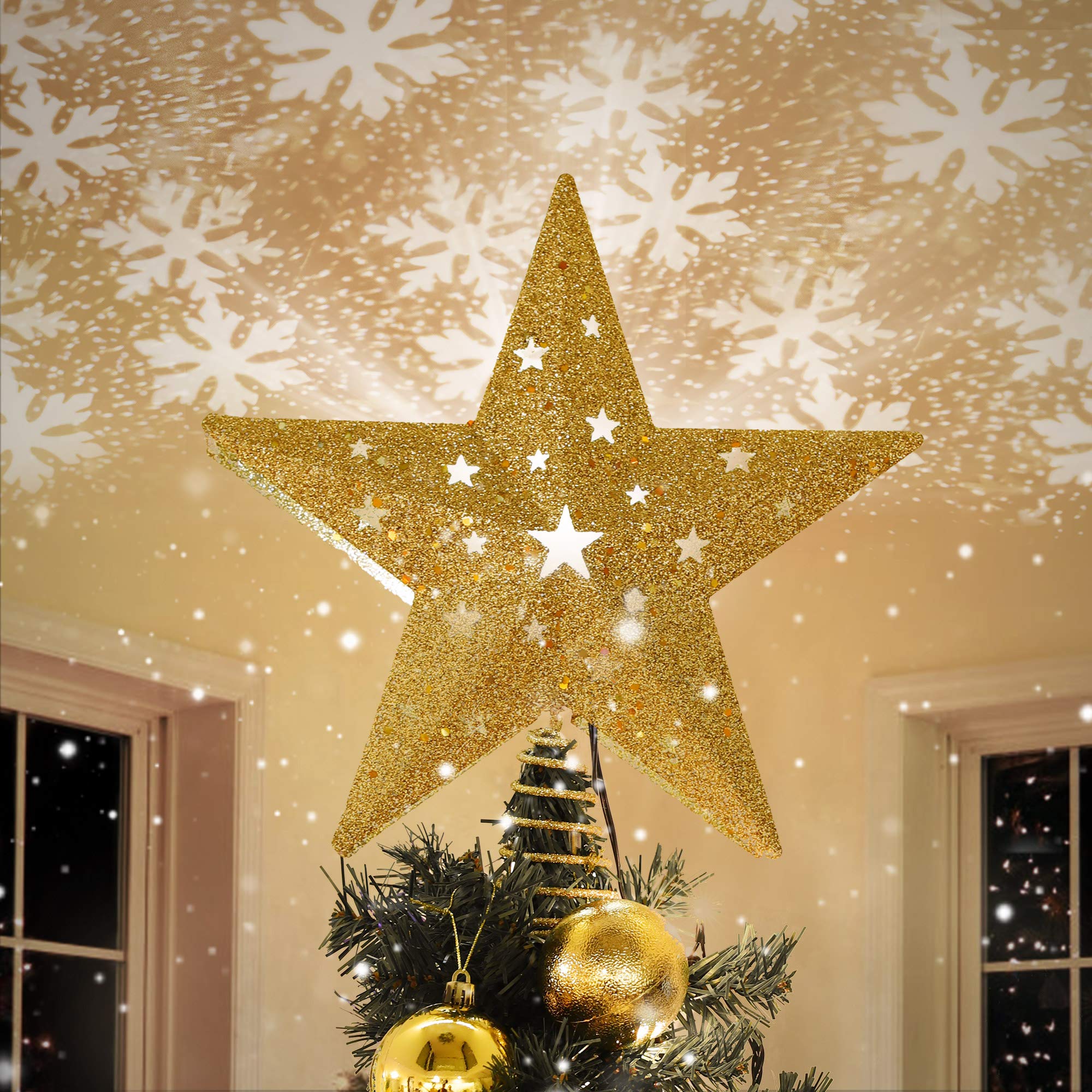 Photo 1 of IPOW LED Snowflake Projector Star Christmas Tree Topper, 11.3'' Golden Glittered Star Treetop Lighted Rotating Snow Flake for Christmas Tree Decoration, Ideal as LED Night Light Projector for Children