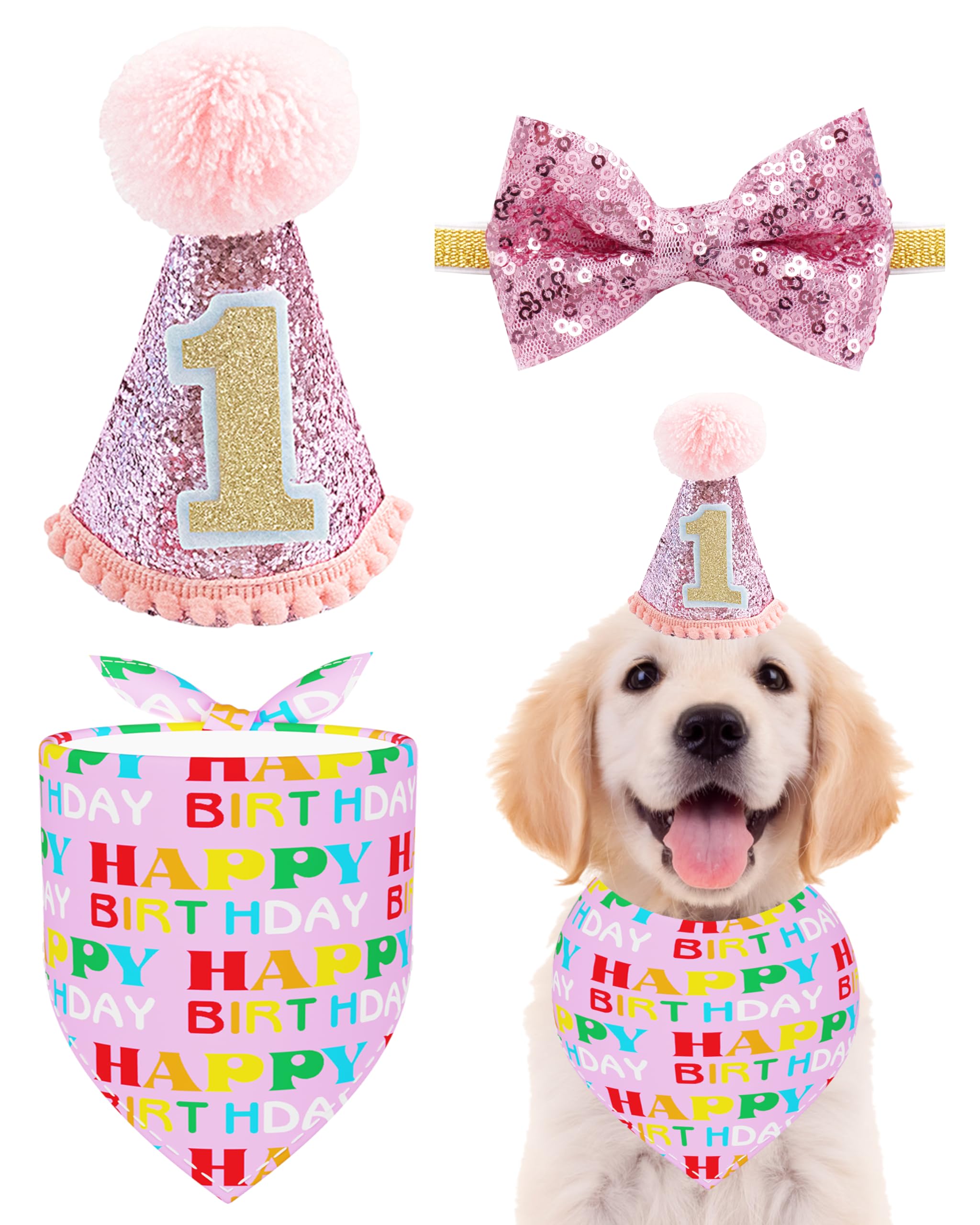 PET SHOW Dogs 1st Birthday Hats and Bandanas Set Cats 1-Year-Old Photo Props Party Costume Grooming Accessories (Pink)